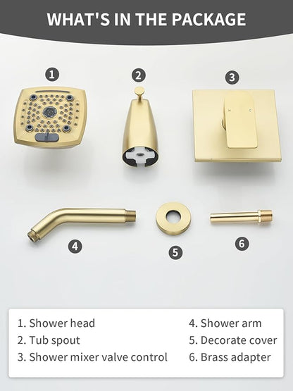 Brushed Gold Shower Head and Handle Set 5 Inch Bathtub Faucet Shower Faucet with 6-Spray Shower Head Shower Valve Kit Modern Shower Set High-Pressure Shower Trim Kit