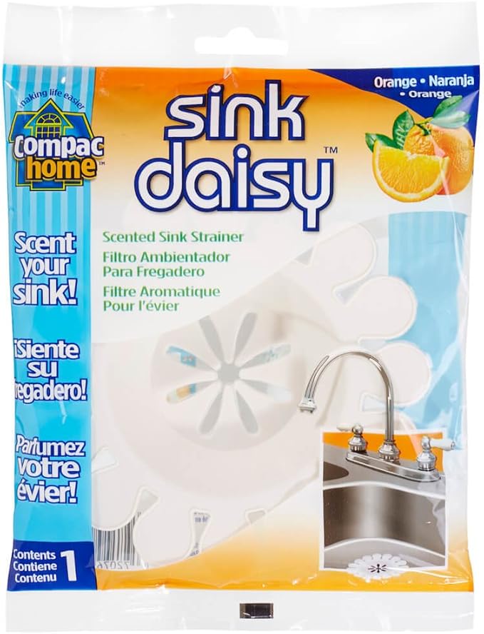 Compac Sink Daisy Scented Kitchen Sink Strainer infuses & Freshens Your Sink, Must Have Kitchen Sink Accessories, Sink Drain Strainer - Catcher, Drain Cover, Mandarin, Orange Scent, 12 Count