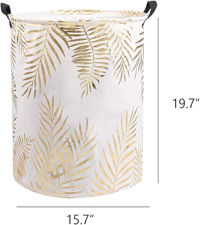 UUJOLY Collapsible Laundry Basket, Laundry Hamper with Handles Waterproof Round Cotton Linen Laundry Hamper Printing Household Organizer Basket, 19.7x15.7 inches (Gold leaf)