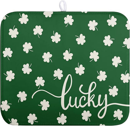 St Patrick Shamrock Drying Mat for Kitchen Counter Green White Lucky Clover Drying Dish Mat St Patricks Day Absorbent Microfiber Dish Drying Pad Reusable Dry Mat 16 x 18 Inch
