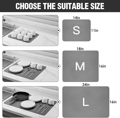Dish Drying Mat for Kitchen Counter Super Absorbent Drainer Mats with Non-slip Rubber Backed Hide Stain Heat Resistant Easy to Clean Dish Rack Mat (Gray, M-16"x18")