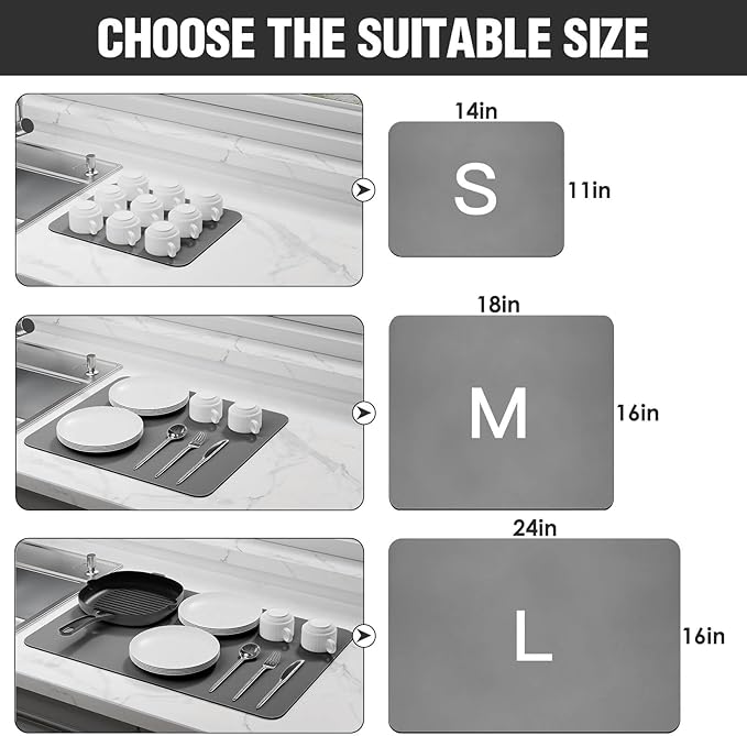 Dish Drying Mat for Kitchen Counter Super Absorbent Drainer Mats with Non-slip Rubber Backed Hide Stain Heat Resistant Easy to Clean Dish Rack Mat (Gray, XL-31.5"x17")