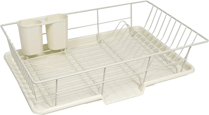 Sweet Home Collection Space-Saving 3-Piece Dish Drainer Rack Set: Efficient Kitchen Organizer for Quick Drying and Storage - Includes Cutlery Holder and Drainboard - Maximize Countertop Space, Ivory