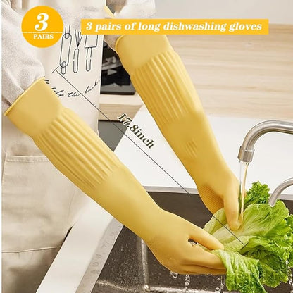6 - Pair 17.8 - Inch Elbow - Length Reusable Rubber Waterproof Household Cleaning and Kitchen Dishwashing Gloves - Large Size