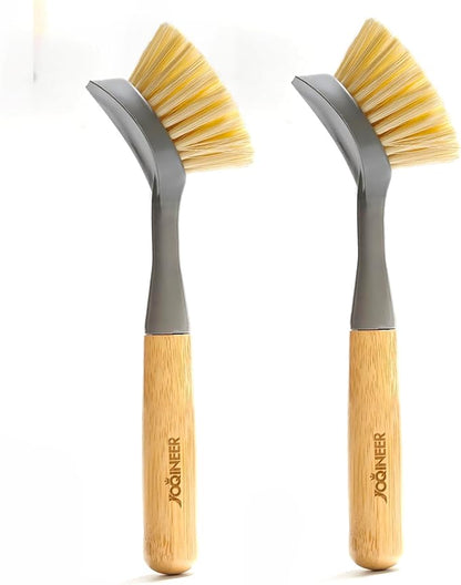 JOQINEER 2 Pack Kitchen Dish Brushes with Bamboo Handle, Dish Scrubber Built-in Scraper, Scrub Brush for Pans, Pots, Counter & Kitchen Sink Cleaning, Dishwashing and Cleaning Brush Tools