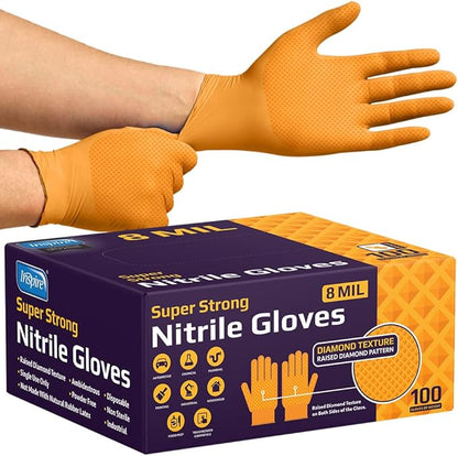 Inspire Heavy Duty Orange Nitrile Gloves | ULTRA 8 Mil Diamond Textured Grip | Industrial Mechanic Disposable Cleaning Gloves