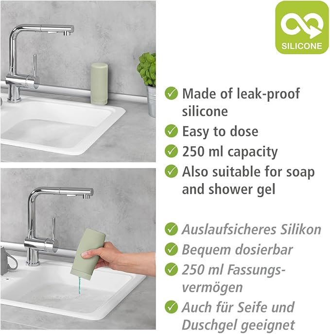 WENKO Easy Squeeze Dish Soap Dispenser for Kitchen Sink, Squeeze Bottle for Washing Up Liquid and Hand Soap, Round refillable Plastic Bottles, Easy to Fill and to use, 8.5 oz, Light Green