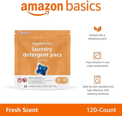 Amazon Basics Laundry Detergent Pacs, Fresh Scent, HE Compatible, Dissolves in Cold Water, Easy to Use, 120 Count (Previously Solimo)