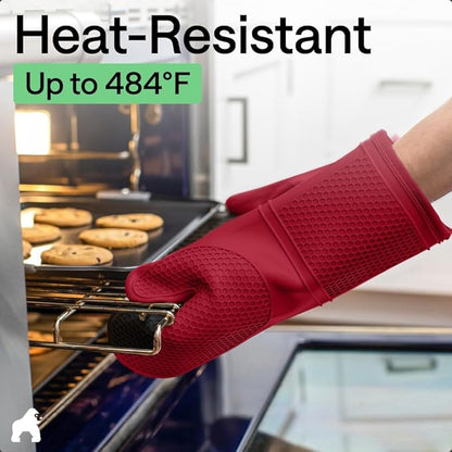 GORILLA GRIP BPA-Free Soft Silicone Oven Mitts, 14.5x8.3, Heat Resistant and Waterproof Cooking Gloves, Thick Cotton Lining, Flexible Gripping for Baking Grilling, Kitchen Potholders Set of 2, Red