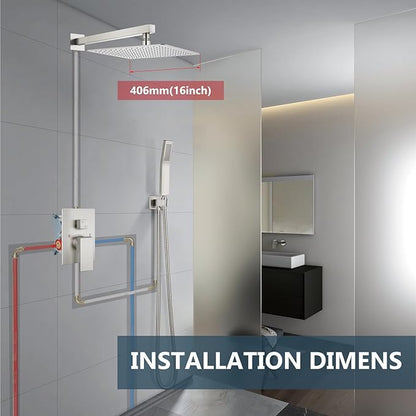 Aolemi Shower Faucet Set Rain Shower System with Handheld Spray Bathroom Shower Combo Rough-in Valve and Shower Trim Kit Included Brushed Nickel 16 Inch Wall Mount Shower Head