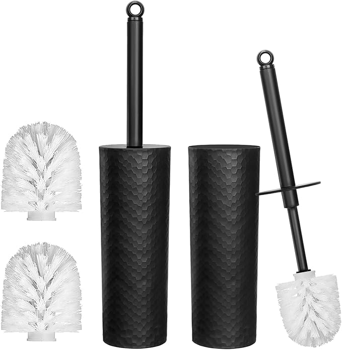 Topsky Toilet Brush,2 Pack Compact Toilet Brush & Holder Set,Plastic Round Barrel Loo Brush with 2 Replacement Toilet Brush Head,Durable for Bathroom Toilet,Black