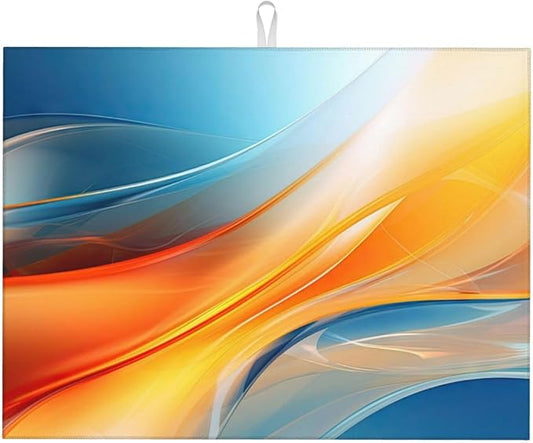 Burnt Orange Blue Fluid Art Dish Drying Mats for Kitchen Counter & Sink, 18" x 24" Absorbent Microfiber Drying Pad for Dishes, Washable Foldable Modern Abstract Kitchen Dish Draining Mat, Home Decor