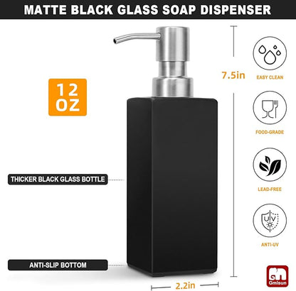 GMISUN Black Soap Dispenser Bathroom, Glass Hand Soap Dispenser with Stainless Steel Pump, 12 fl oz/350ml Refillable Dish Dispensers for Kitchen, Modern Liquid Lotion Bottles for Bathroom Countertop