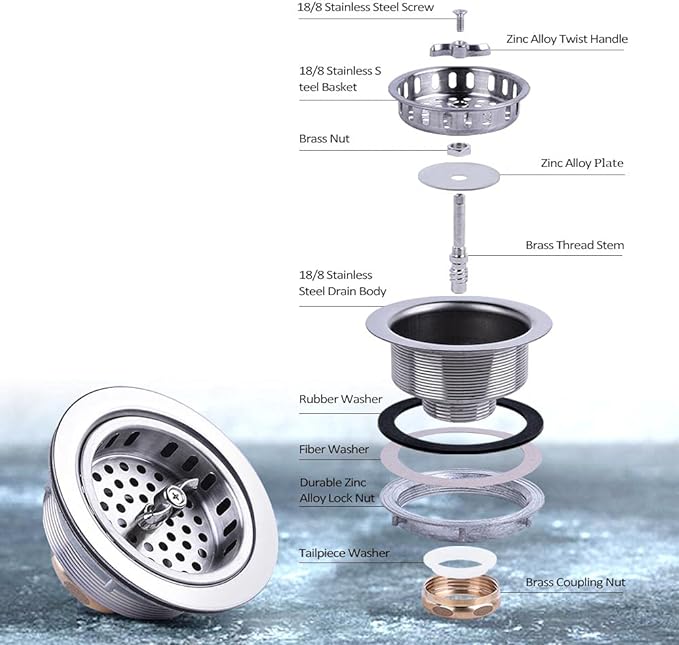 304 Stainless Steel Kitchen Sink Twist Lock Basket Drain Assembly W/Brass Nuts-VARNAHOME