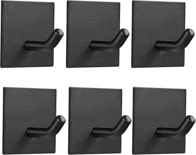FOMANSH Heavy Duty Adhesive Hooks, Stick on Wall Adhesive Hangers, Strong Stainless Steel Holder, Self Adhesive Hooks for Kitchen Bathroom Home Door Towel Coat Key Robe 6 Packs Black