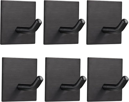 FOMANSH Heavy Duty Adhesive Hooks, Stick on Wall Adhesive Hangers, Strong Stainless Steel Holder, Self Adhesive Hooks for Kitchen Bathroom Home Door Towel Coat Key Robe 6 Packs Black