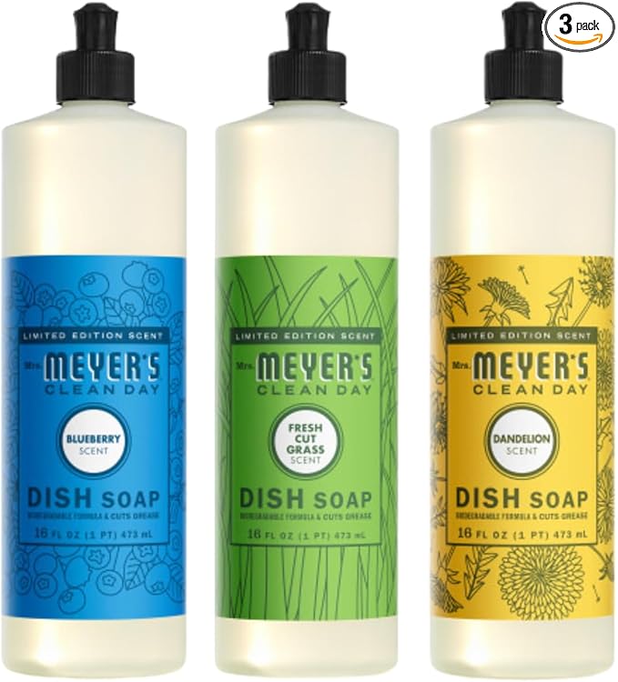 Mrs. MEYER'S Clean Day Dish Soap 16 FL OZ Each, Fresh Cut Grass, Blueberry, Dandelion, 1 CT (Variety Pack)