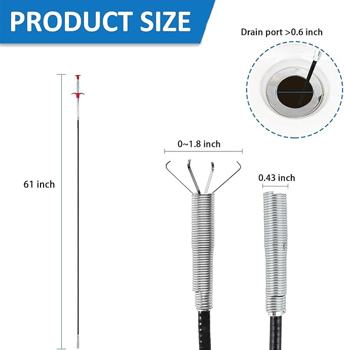 Drain Snake Hair Drain Clog Remover Tool - 61.4 inch Sink Drain Cleaner for Toilet Sewer Shower Kitchen Bathroom Tub Clogged Drains Opener Cleaning Tool