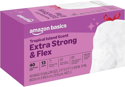 Amazon Basics Extra Strong & Flex Tall Kitchen Drawstring Trash Bags, Tropical Island Scent, 13 Gallon, 40 Count