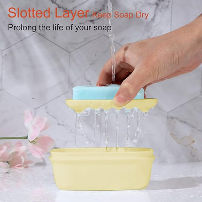 Quatish Leakproof Soap Dish with Lid & Draining Layer, Shatterproof Travel Bar Soap Holder Case Container, Portable Travel Size Toiletries Essentials for Camping, Gym, Bathroom, Yellow