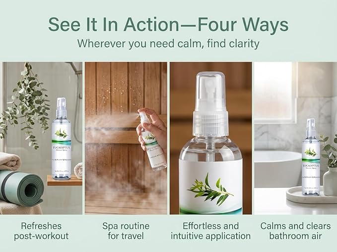 Eucalyptus Shower Spray, Essential Oil Mist for Bathrooms, Pillows, Linens, Travel Size Two Pack, Helps Sinus Relief for Steam Rooms, Spa and Sauna