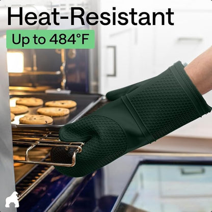 GORILLA GRIP BPA-Free Soft Silicone Oven Mitts, 14.5x8.3, Heat Resistant and Waterproof Cooking Gloves, Thick Cotton Lining, Flexible Gripping for Baking Grilling, Kitchen Potholders Set, Hunter Green