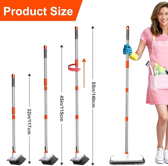 BITOPE Deck Scrub Brush with Long Handle, Heavy Duty Floor Cleaning Brush Scrubber with Stiff Bristle for Concrete Tile Patio Garage Bathroom