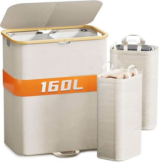 160L Double Laundry Hamper with Lid, Dirty Clothes Hamper with 2 Removable Bags, Beige Laundry Hamper 2 section with Bamboo Handles Easy to Carry for Bedroom, Bathroom, Dorm, College