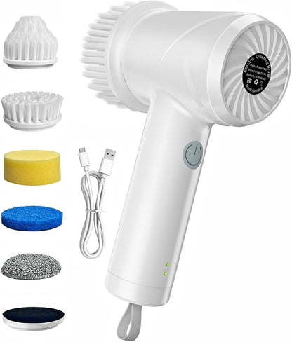 Electric Spin Scrubber - Cordless IPX7 Waterproof Shower Scrubber with 2 Speed Settings and 6 Replaceable Heads，Electric Cleaning Brush for Bathroom，Kitchen and Windows