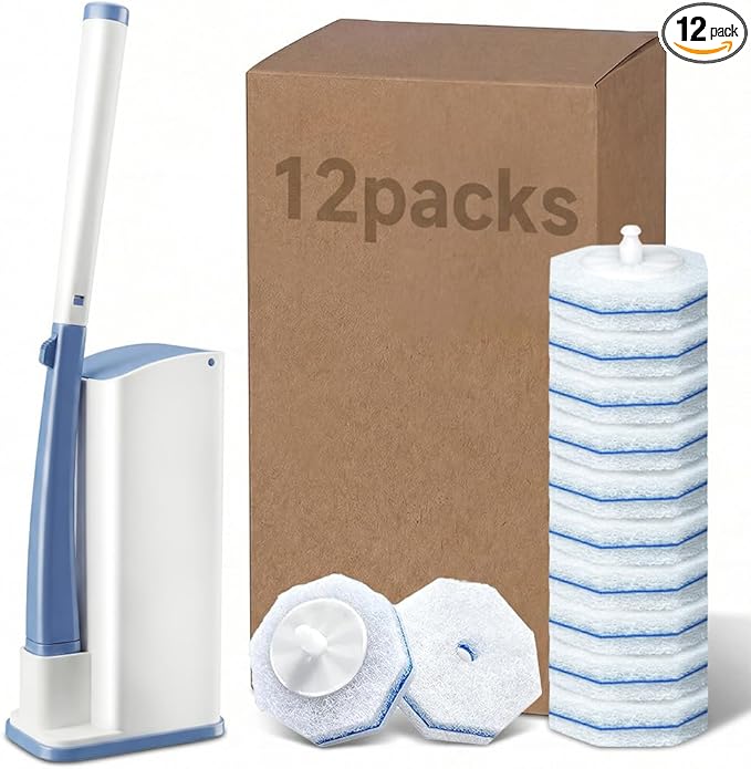 ROUNDSQUARE Disposable Toilet Bowl Cleaner with 12 Disinfecting 5X Power Refill Heads, Toilet Bowl Cleaner Wands, Storage Caddy, Toilet Cleaning System Starter Kit