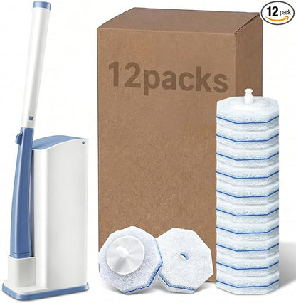 ROUNDSQUARE Disposable Toilet Bowl Cleaner with 12 Disinfecting 5X Power Refill Heads, Toilet Bowl Cleaner Wands, Storage Caddy, Toilet Cleaning System Starter Kit