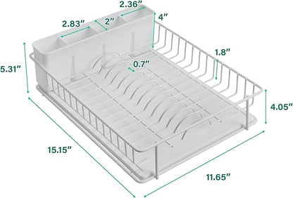 SunnyPoint 304 Stainless Steel Dish Drying Rack with Diatomaceous Earth Drainboard & Removable Utensil Caddy – Rust Resistant Countertop Dish Rack for Kitchen (White)