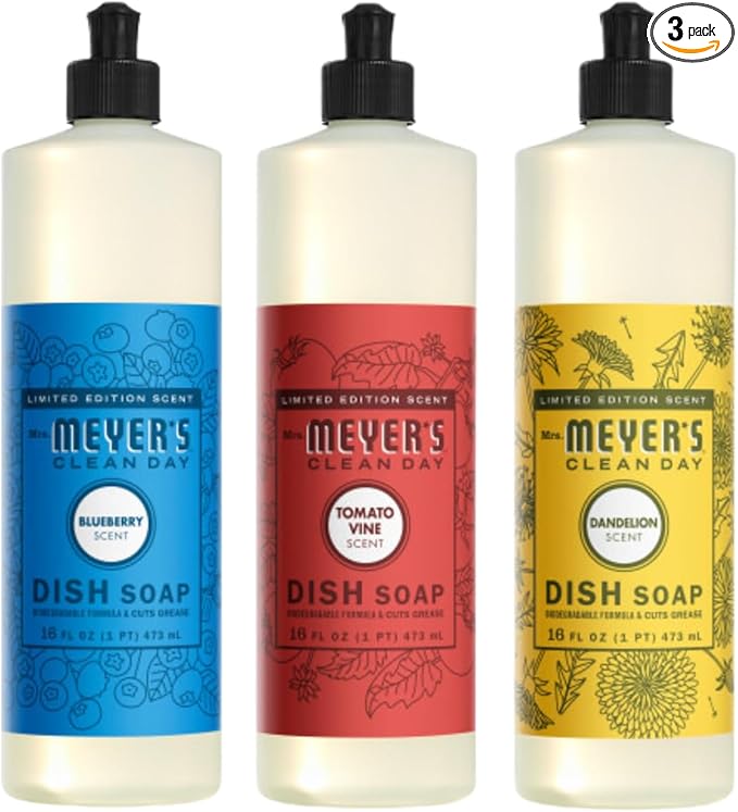 Mrs. MEYER'S Clean Day Dish Soap 16 FL OZ Each, Tomato Vine, Dandelion, Blueberry, 1 CT (Variety Pack)