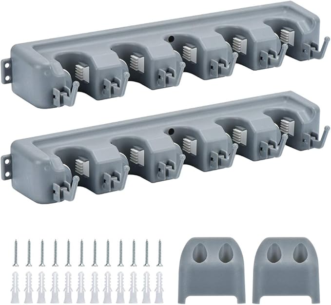 HOME MASTER HARDWARE (2 Pack 16 in Broom Mop Holder Garage Storage Organizer with 5 Racks 6 Hooks Adjustable Wall Mounted Storage Tool for Lanudry Garage Kitchen Garden