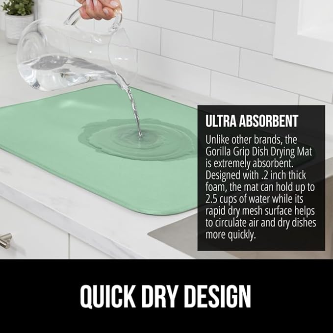 GORILLA GRIP Ultra Water Absorbent Microfiber Dish Drying Mat, 18x24, Quick Dry Thick Mesh, Slip Resistant Pad for Sink Dishes or Under Rack, Kitchen Counter Accessories, Machine Wash Mats, Mint