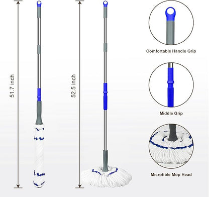 Self Wringing Floor Cleaner with 52.5 Inch Long Handle, Heavy Duty Wet Mop for Hardwood, Tile, Vinyl, Laminate Floors (White)