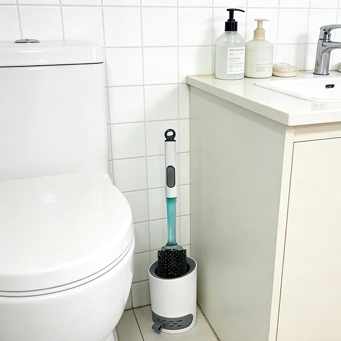Toilet Brush Set, Silicone Toilet Bowl Scrubber & Holder - Reusable & Drip-Proof Bathroom Cleaner, Space-Saving Design for RV, Apartment; Includes Dispenser, Grey 1PCS