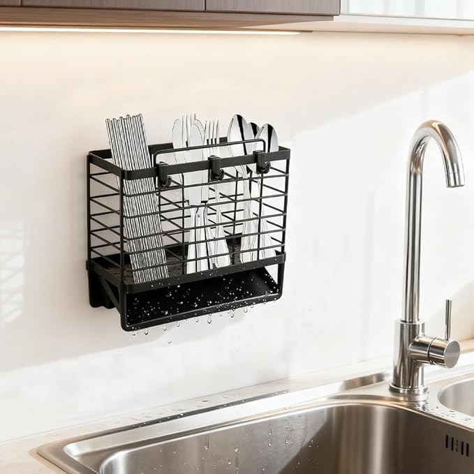 3-Compartment Dish Drying Rack for Kitchen, Carbon Steel Utensil Holder with Drain Tray, Utensil Caddy Organizer for Knives, Forks, Spoons, Chopsticks, Wall Mount or Countertop(COLOR:Black)