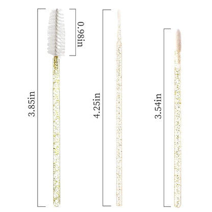 300 PCS Eyelash Extension Supplies Kit, Disposable Micro Applicator Brush, Eyebrow Lash Spoolie, Lip Brush, Mascara Wand Applicator (Crystal gold handle white kits)