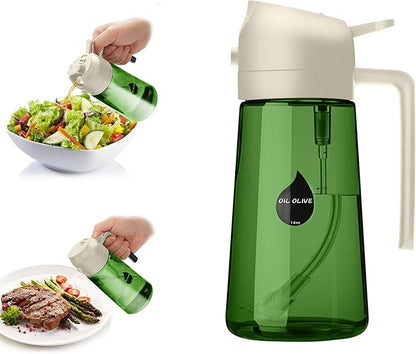 2 in 1 Oil Sprayer for Cooking, Olive Oil Dispenser Bottle for Kitchen Spray and Pour, 16oz/470ml Light-Blocking Dark Green Glass Bottle, Food-Grade Oil Mister for Air Fryer Cream Cap