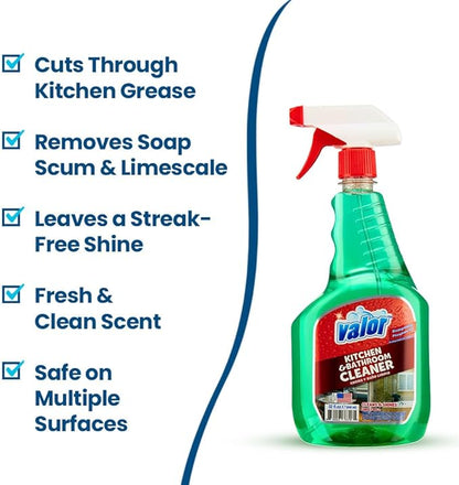 Valor Kitchen & Bathroom Cleaner Spray – Multi-Surface Degreaser & Limescale Cleaning Solution, Eco-Friendly Biodegradable Formula, (32 Fl Oz (Pack of 1))