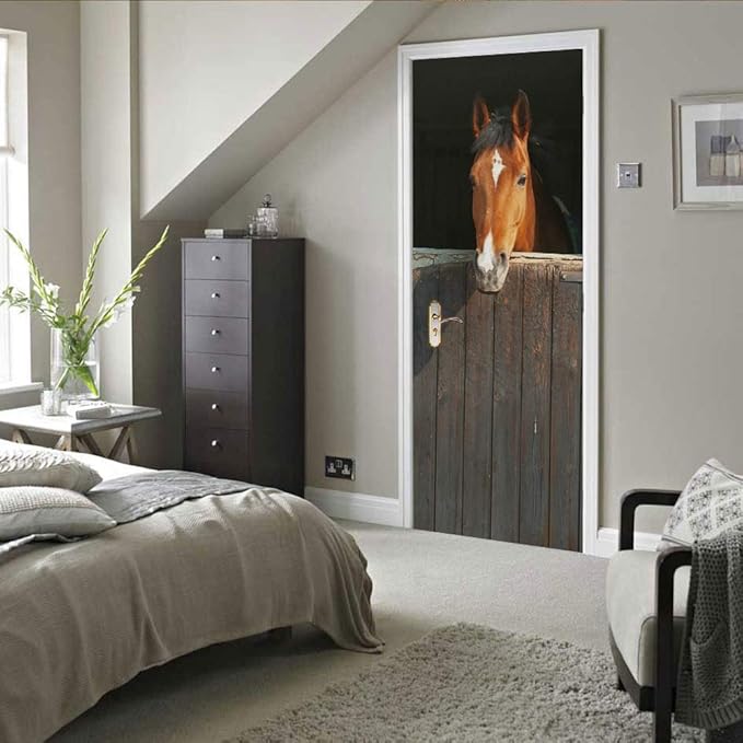 Horse 3D Door Stickers Murals - Peel & Stick Waterproof Washable Rustic Brown Animal Print Matte Finish Wall Decals 31.5" x 78.7" (2 Parts)