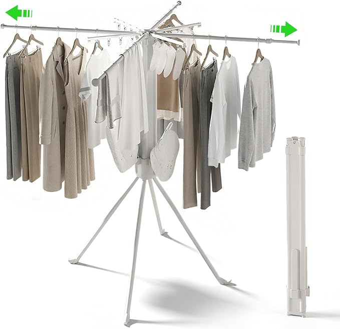 cjc Foldable Clothes Drying Rack, Space Saving Laundry Drying Rack,Collapsible Drying Rack Used for Indoor,Outdoor, 4 Retractable Drying Rods + 4 Shoe Racks + 4 Sock Clips with 16 Clips White
