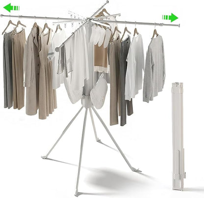 cjc Foldable Clothes Drying Rack, Space Saving Laundry Drying Rack,Collapsible Drying Rack Used for Indoor,Outdoor, 4 Retractable Drying Rods + 4 Shoe Racks + 4 Sock Clips with 16 Clips White