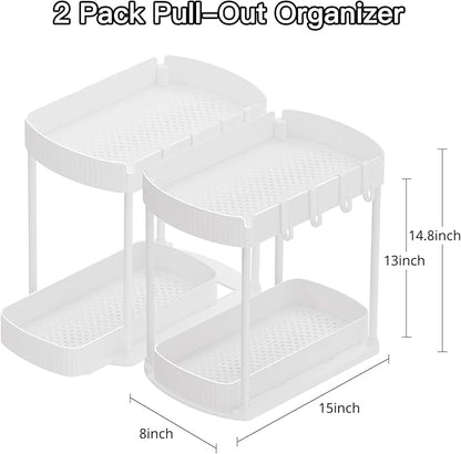 2 Pack Multi-Purpose Pull-Out Storage Organizers, Under Sink Organizers and Storage for Bathroom & Kitchen, Under Cabinet Organizers and storage, 14.8 Inch, White