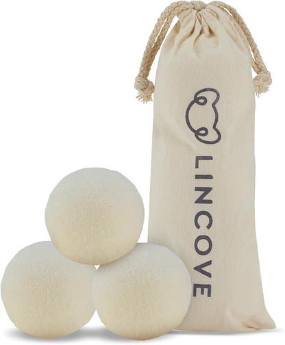 Wool Dryer Balls, 3 Pack – Natural Fabric Softener for Laundry, 100% Organic, Reusable for 1000+ Loads, Anti-Static, Reduces Drying Time, Baby Safe & Hypoallergenic Comes with Lincove Storage Bag