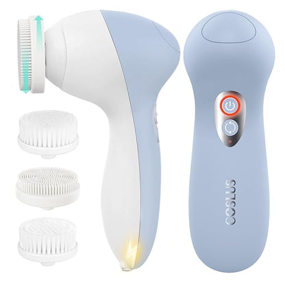 COSLUS FBX04 Powered Facial Cleansing Brush: Rechargeable Electric Face Cleanser for Sensitive & Acne-Prone Skin, 3 Brush Heads, 3 Speeds, 2-Direction Rotation, for Men Women IPX7, Deep Cleaning Blue
