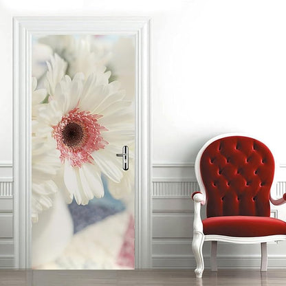A.Monamour 3D Door Stickers for Interior Doors White Gerbera Daisy Flower with Pink Center Vinyl Waterproof Self Adhesive Door Mural Decals for Bedroom Office Bathroom 90x200cm