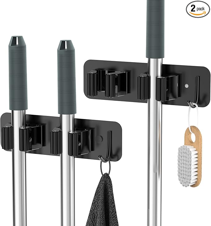 homeasy Wall Mount Mop and Broom Holder, Heavy Duty Stainless Steel Organizer Rack with Hooks | 2-Pack, 2-in-1 No Drill & Screw Installation, Black