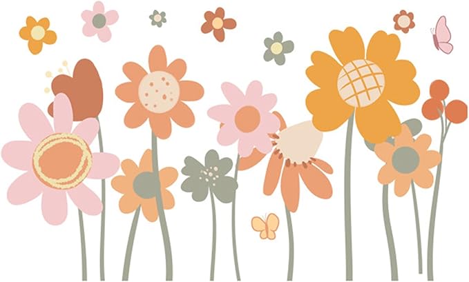 Cute Style Daisy Wall Decals Flower Wall Stickers Daisy Sticker Pink Yellow Flower Decal Peel and Stick Floral Wallpaper for Girls Bedroom Living Room Nursery Home Decor